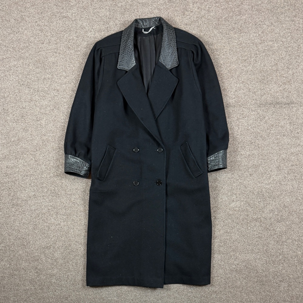 Vintage Black Long Wool Double Breasted Coat Womens Size 2X Genuine Leather Trim